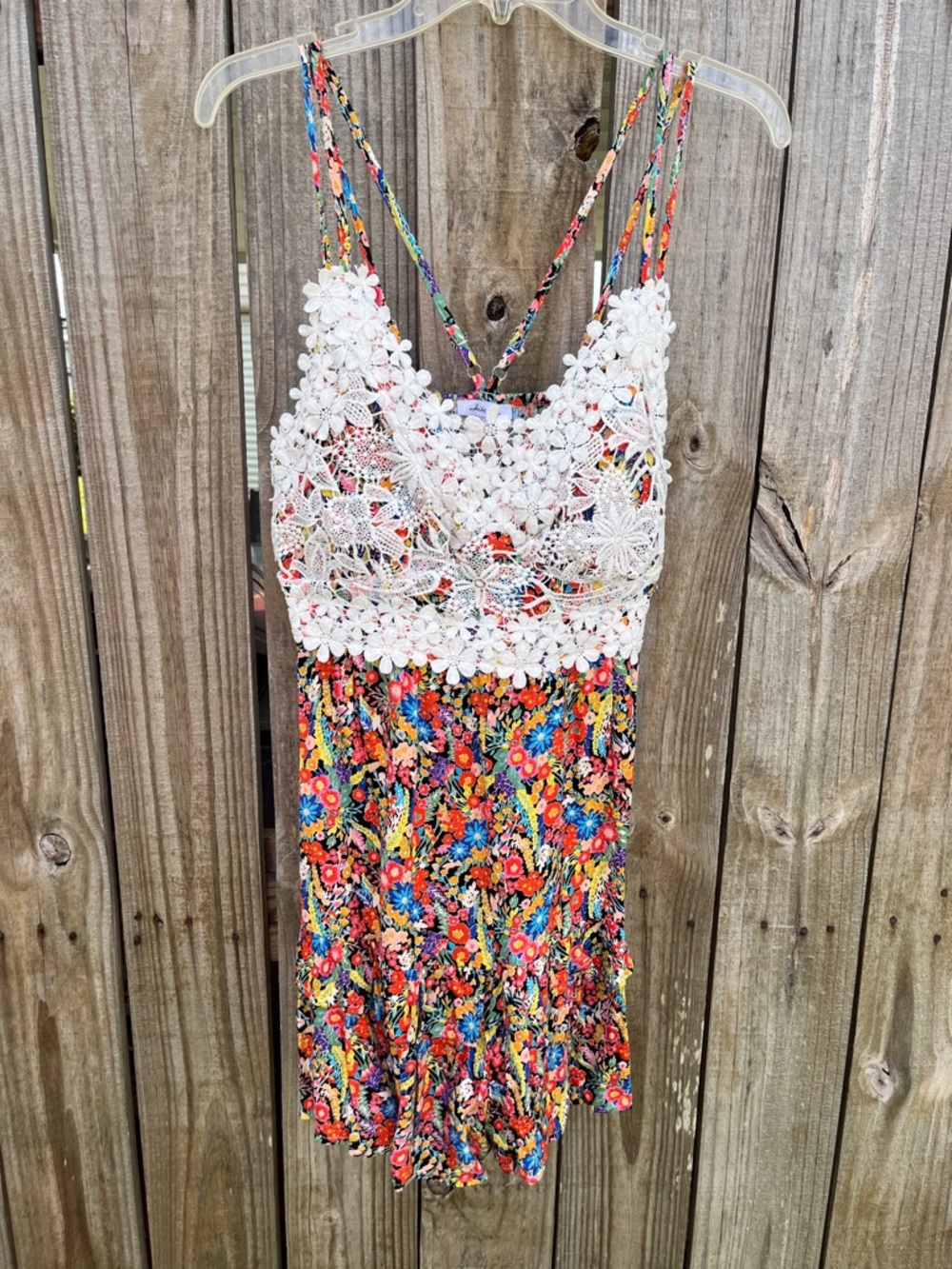 white birch Floral Multicolor Crochet-Top Romper with White Lace
